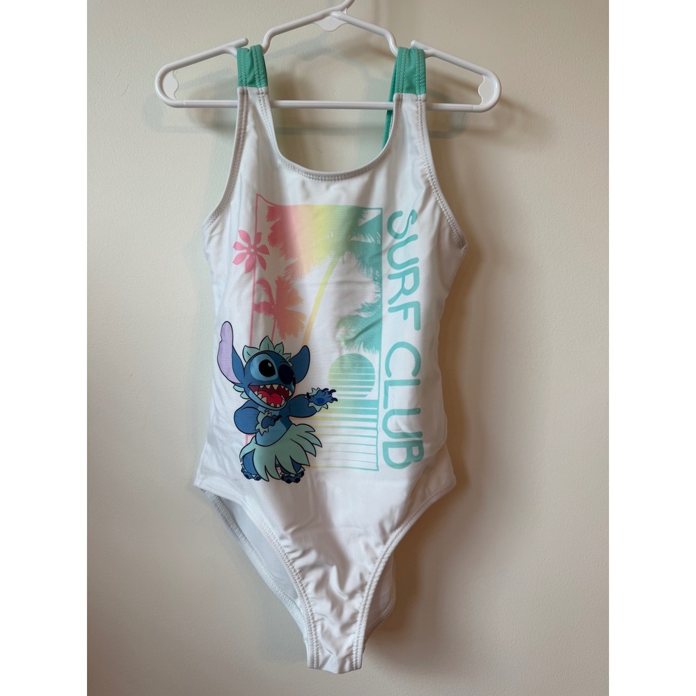 Disney Stitch Surf Club One Piece Swimsuit Girls 6/6X White Teal Tropical